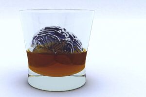 a glass of alcohol with a digital brain in it to represent how alcohol affects the brain