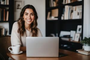 a person smiles behind a computer after learning about positive thinking in recovery