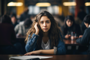 a young person in a library looks sad as they think about adderall abuse in college students