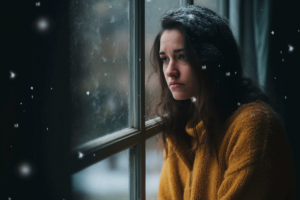 a person stares out of a snowy window thinking of how to overcome seasonal depression