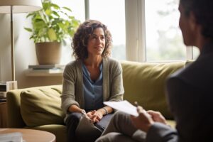 a person tlks to a therapist about the benefits of a residential treatment program